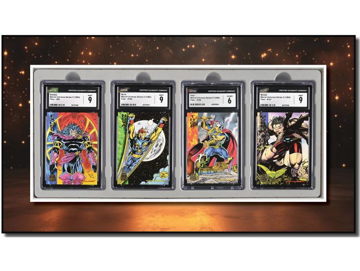 This curated set of four cards is a magnificent visual feast, paying homage to the golden era of the Marvel Universe. Featuri